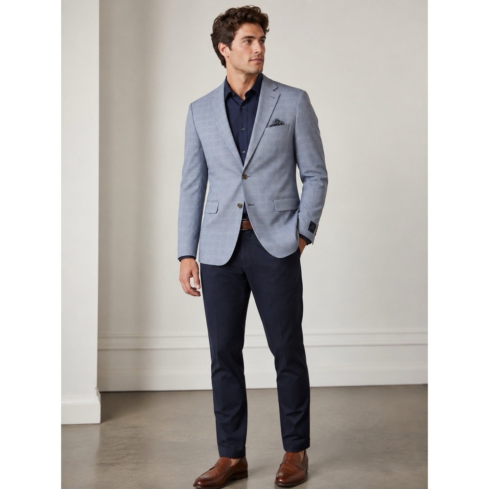 Construct‎ Men's 42R Blue Tan Windowpane Sport Coat Blazer Modern Fit NWT